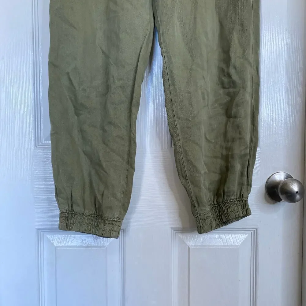 ZARA Khaki Green Linen Blend Pants High Rise Joggers Size Medium Olive Pockets